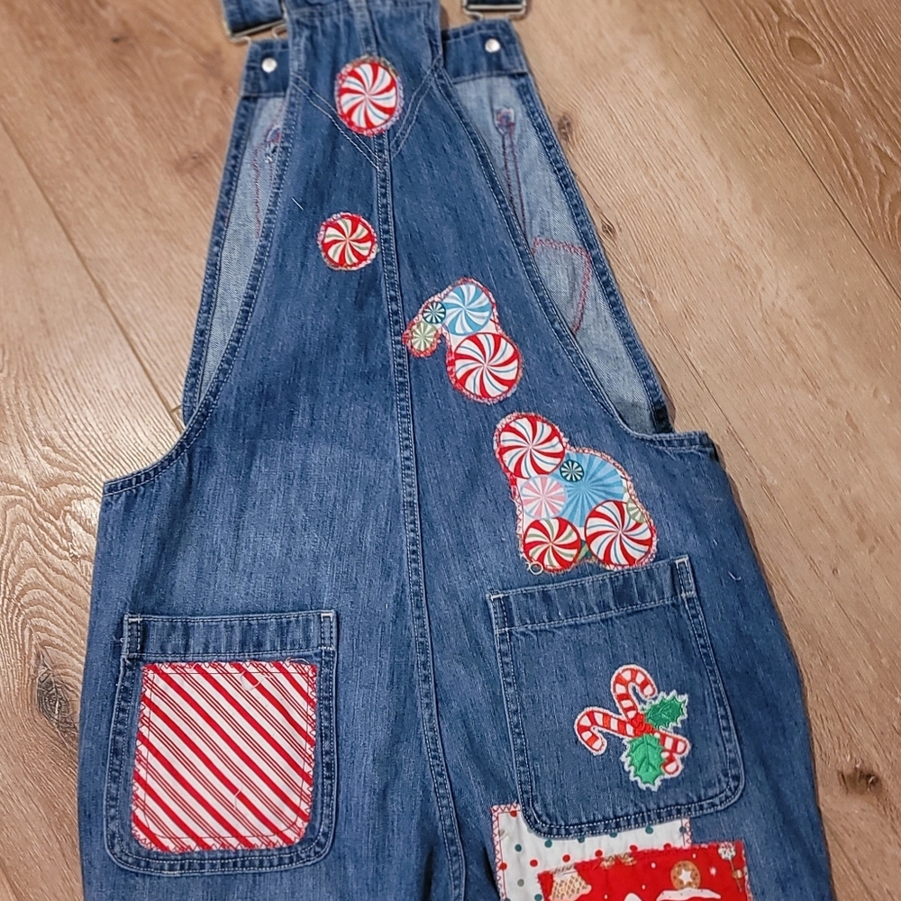 Gap Upcycled Custom Holiday Patchwork Overalls Xs… - image 6